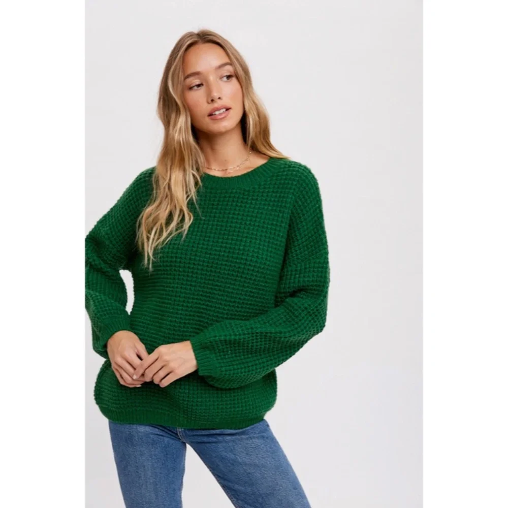 SOLD OUT Forest Green Waffle Knit Pullover Chunky Wide Puff Sleeve Casual - Picture 5 of 8